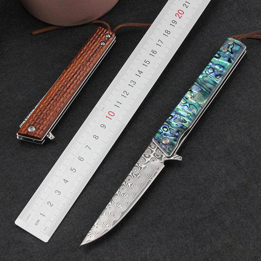 Portable Damascus Knife with Color Shell Handle Outdoor Knife